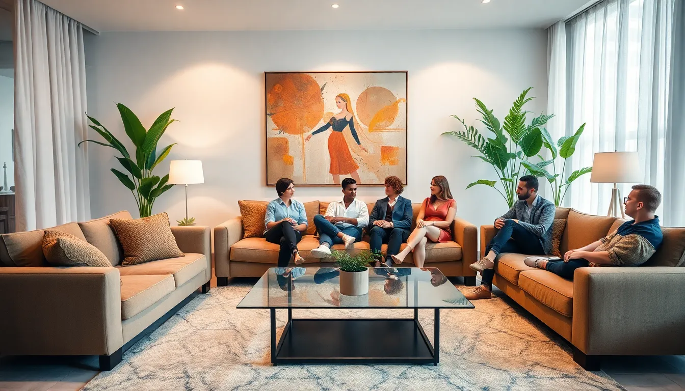 Inviting living room showcasing the essence of 319 decor with diverse people.