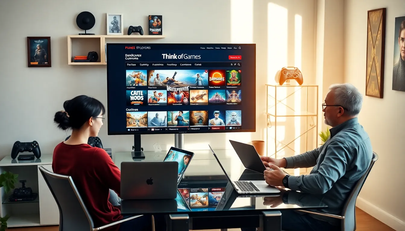 diverse group exploring the Think Of Games website on modern devices.