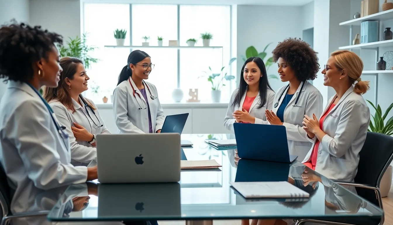 Diverse healthcare team discussing collaborative care in a modern office.