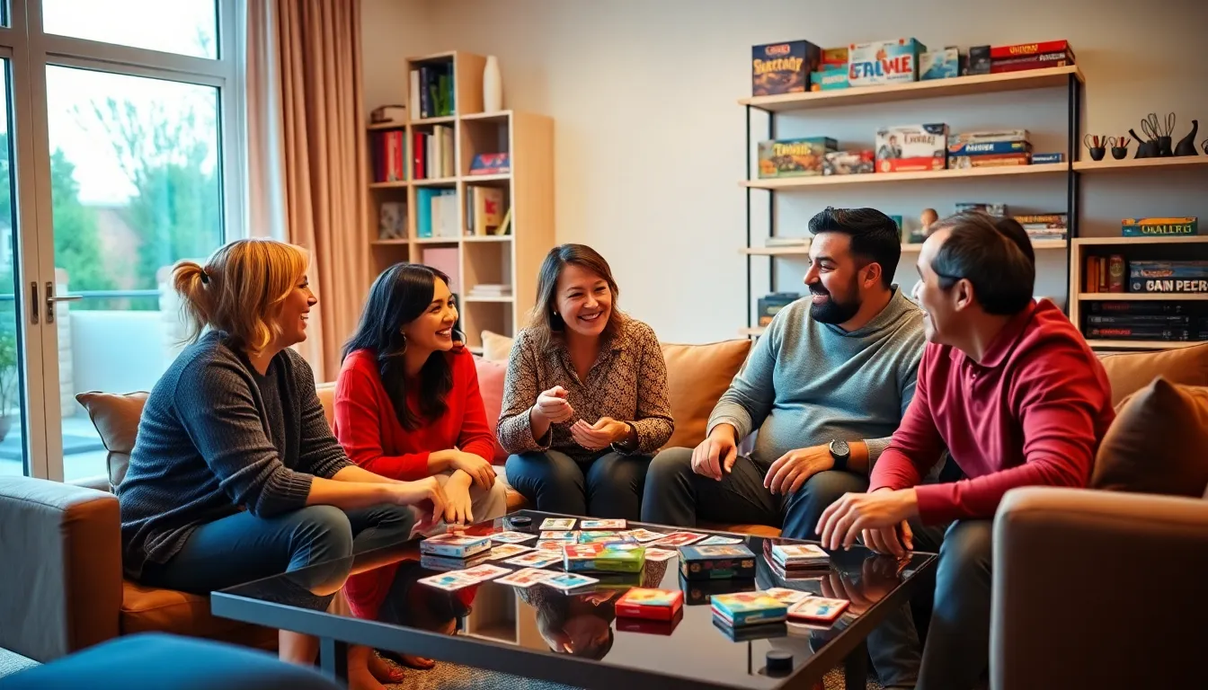 adults enjoying games in a cozy living room setting.