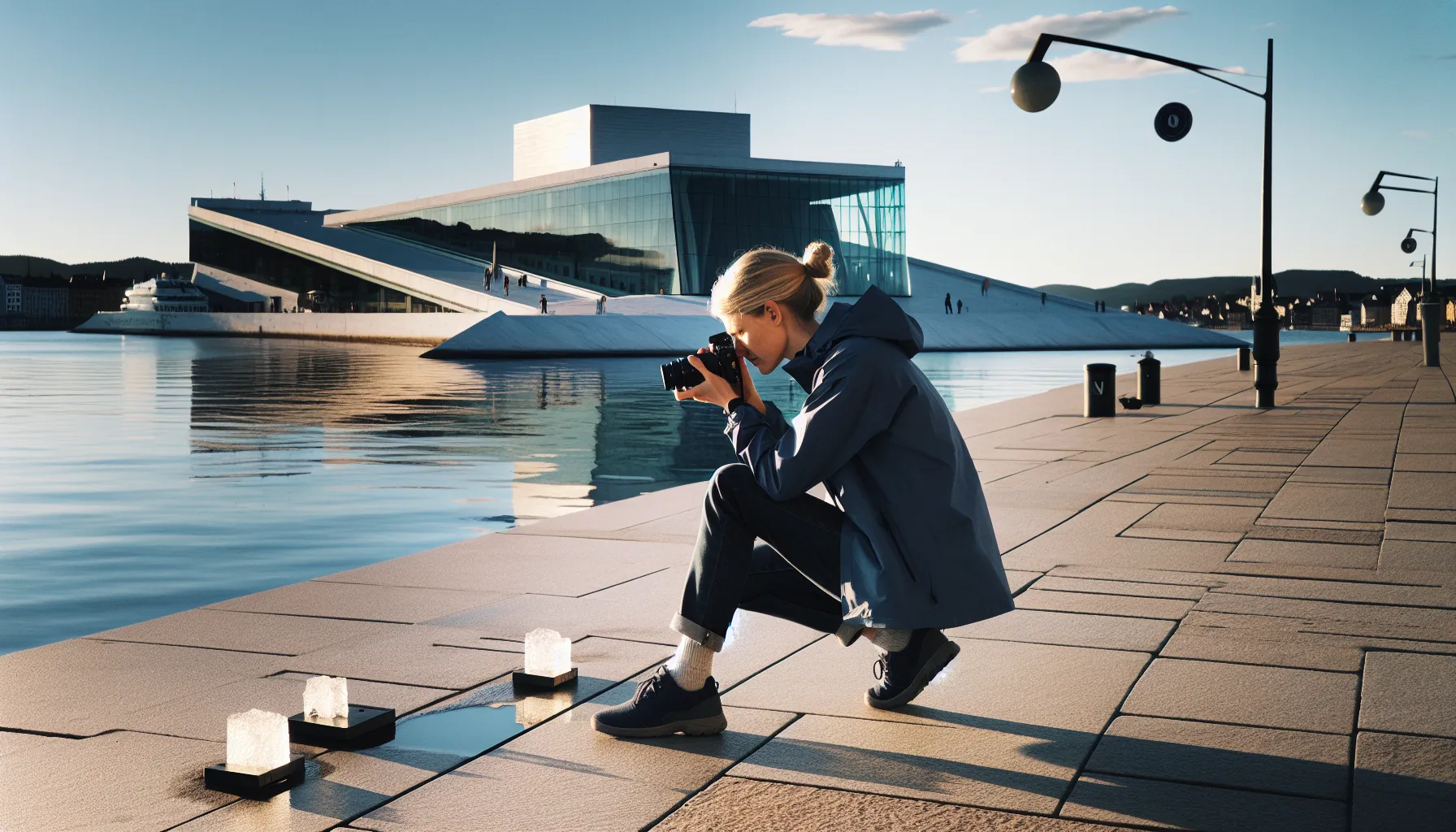 Photographer capturing oslo opera house with no-drone sign and distant sculpture.