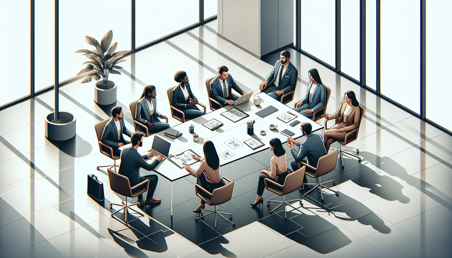 diverse team discussing in a modern office setting.