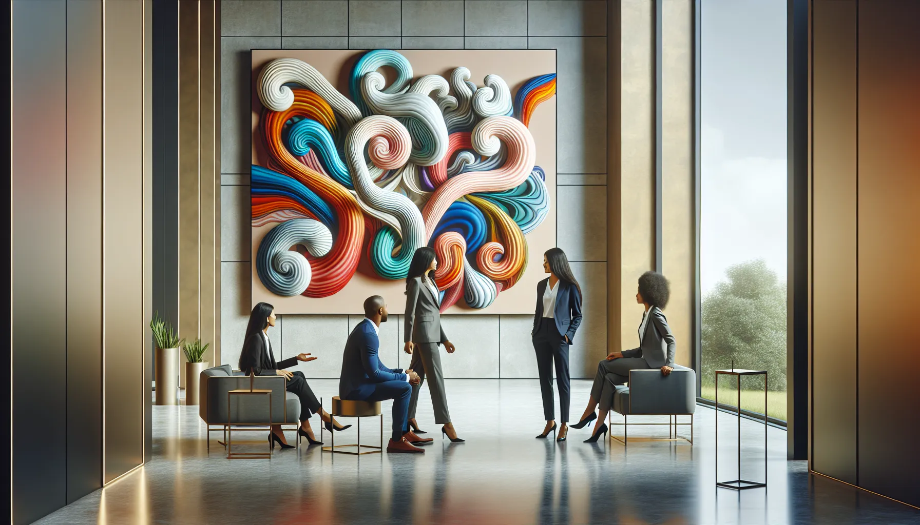 diverse professionals discussing art in a modern gallery.