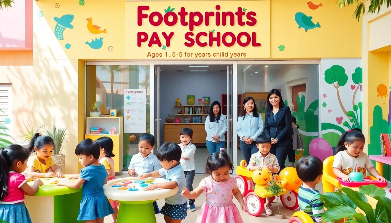 Colorful entrance of Footprints Play School with children playing and staff interacting.