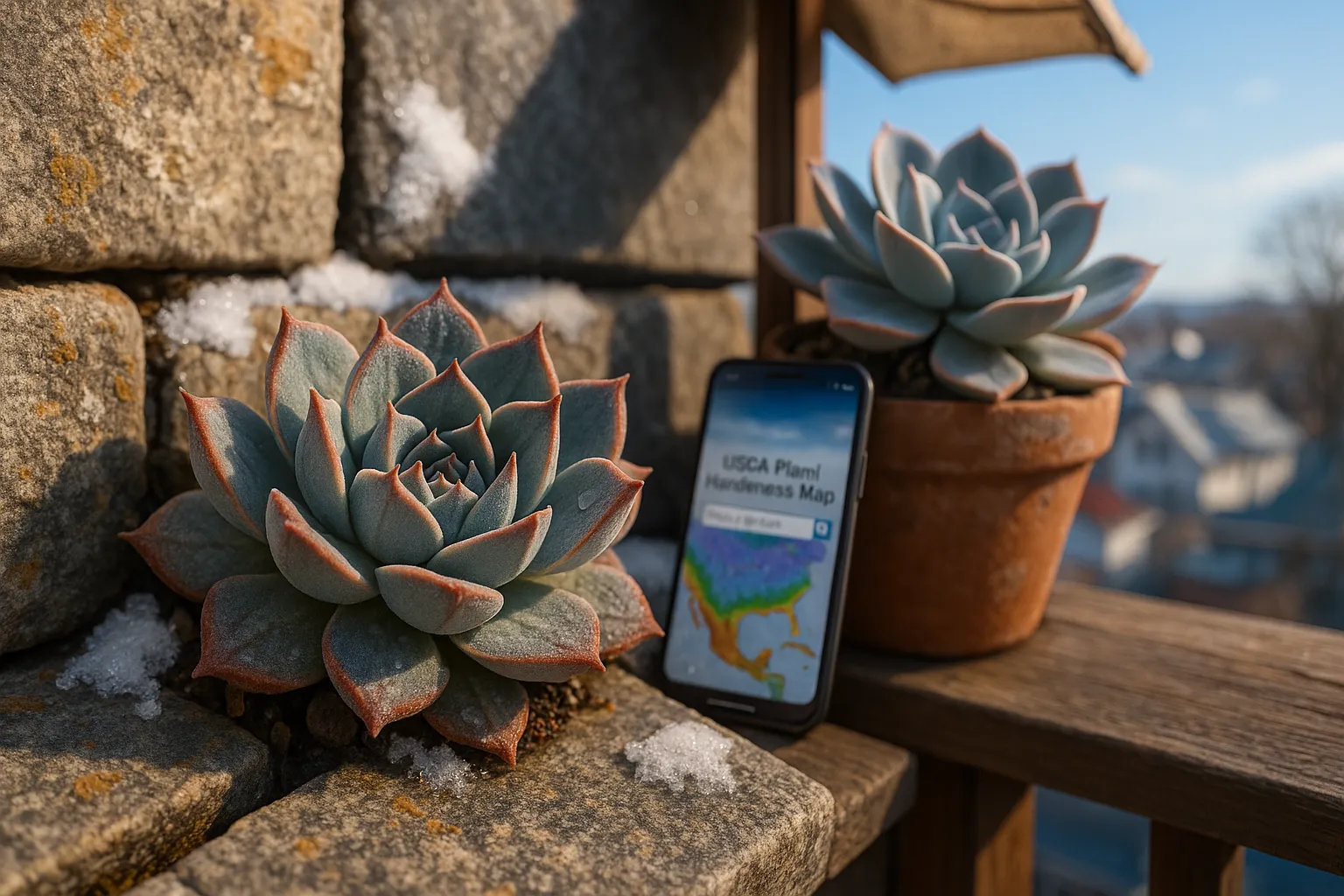 Sempervivum on sunlit rooftop rock beside a sheltered potted Echeveria.