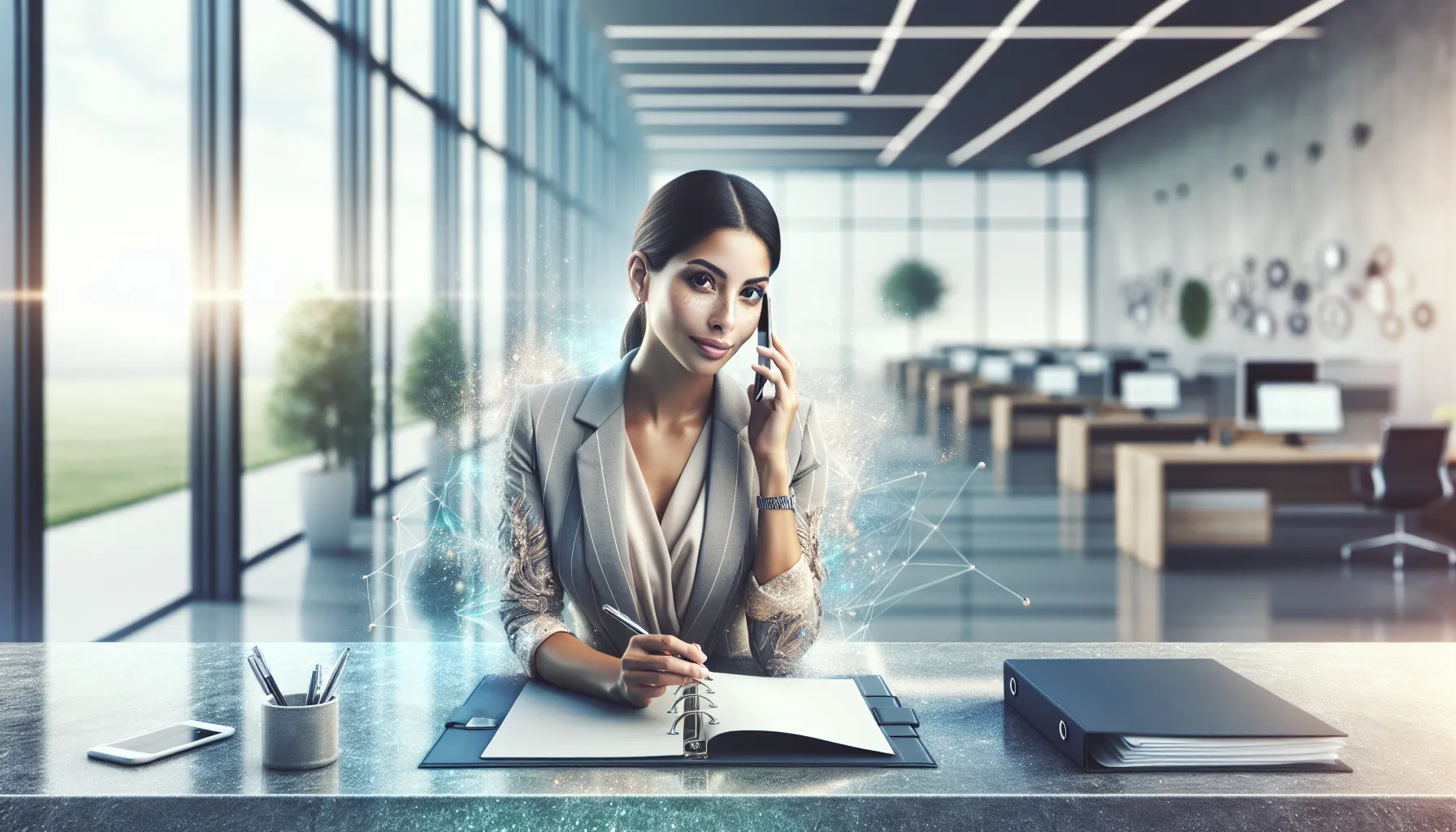 person making a call in a modern office setting.