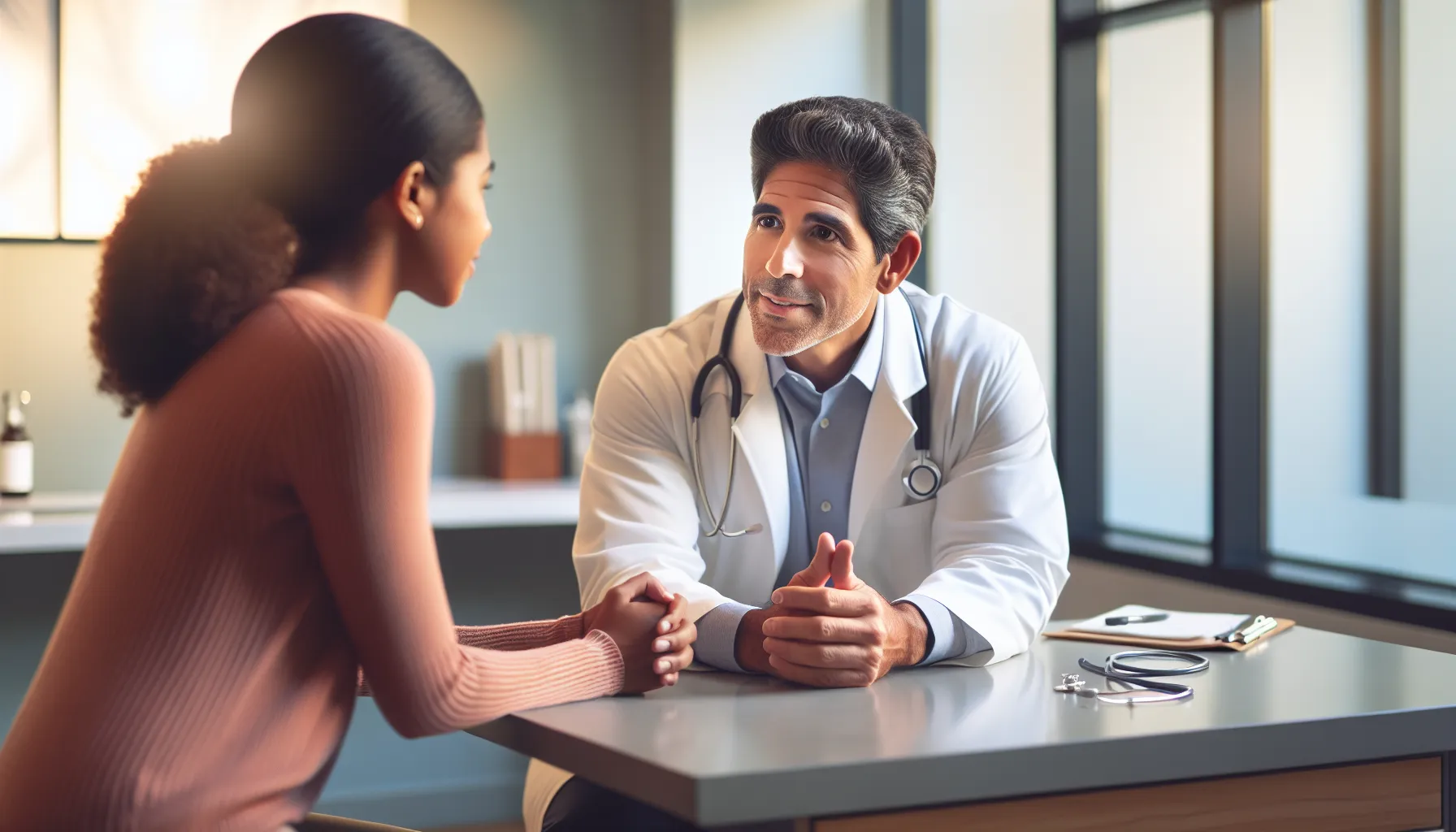Doctor engaging with a patient in a welcoming office environment.