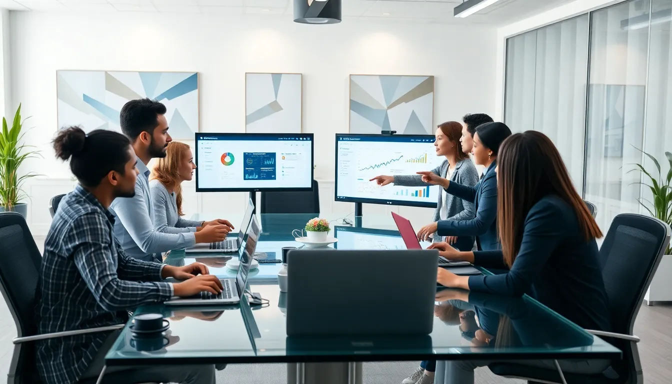 diverse team collaborating using Loga MX in a modern office.