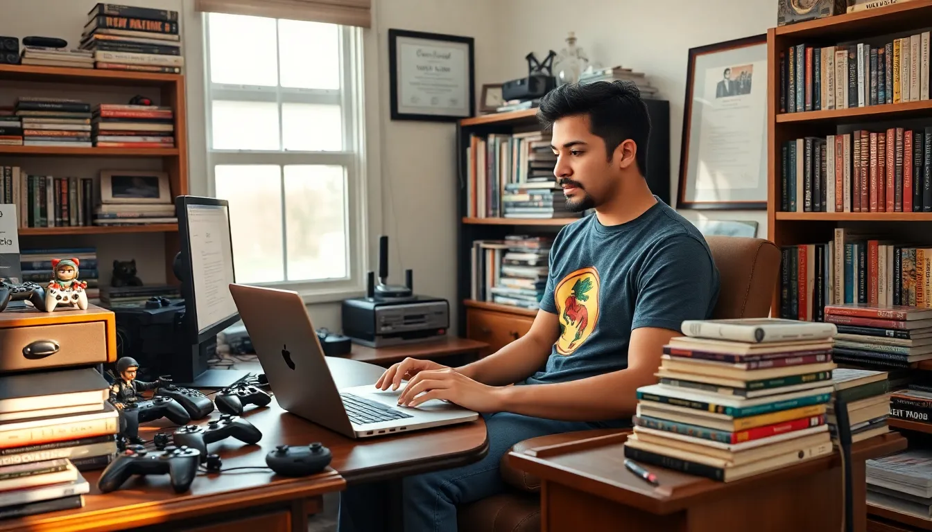 Larry Nando, a young writer, working in his cozy home office filled with gaming items.
