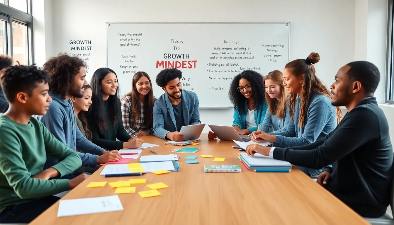 students discussing growth mindset in a bright classroom.