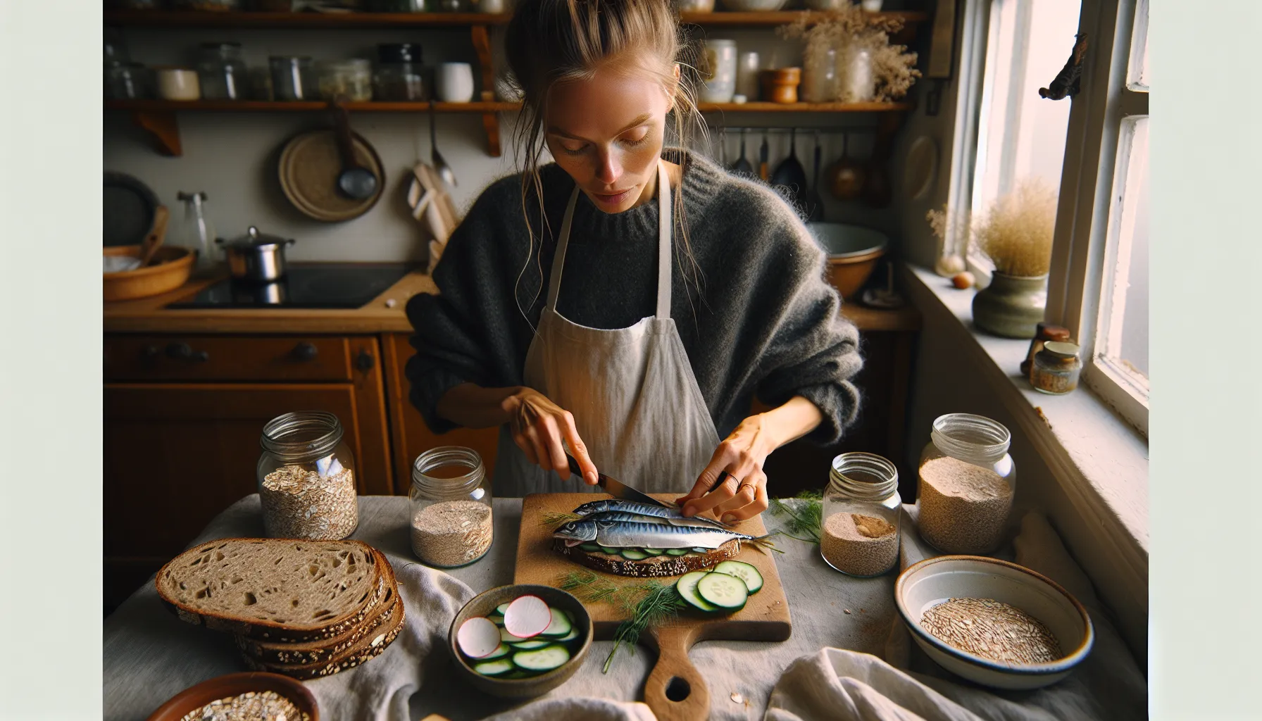 Norwegian woman assembling whole-grain fish sandwich amid plant-rich, fiber-focused foods.