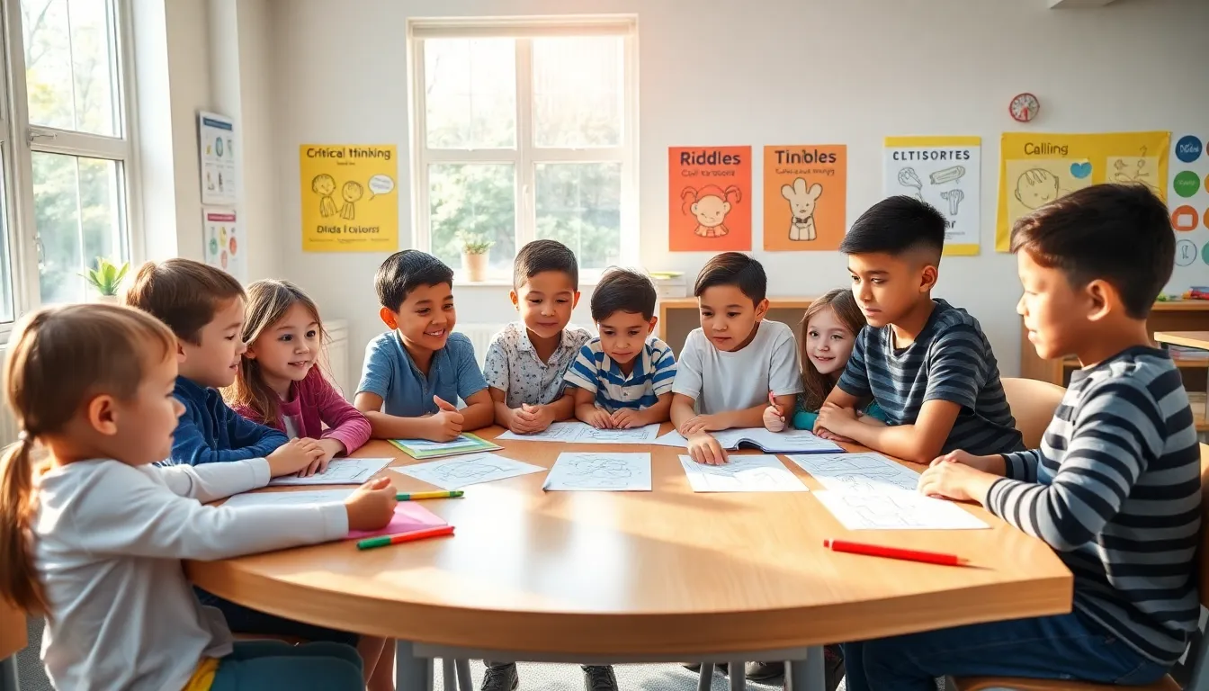 children collaborating on solving riddles in a bright classroom.