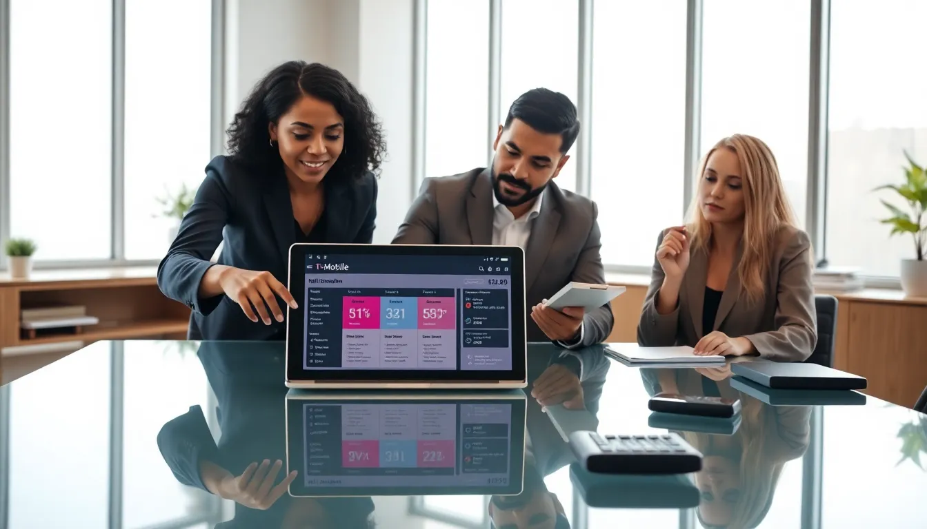 diverse professionals analyzing a T-Mobile bill in a modern office.