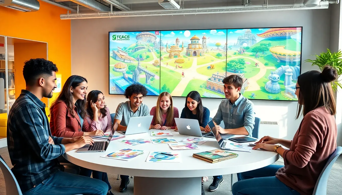 diverse team collaborating on game design in a modern office.