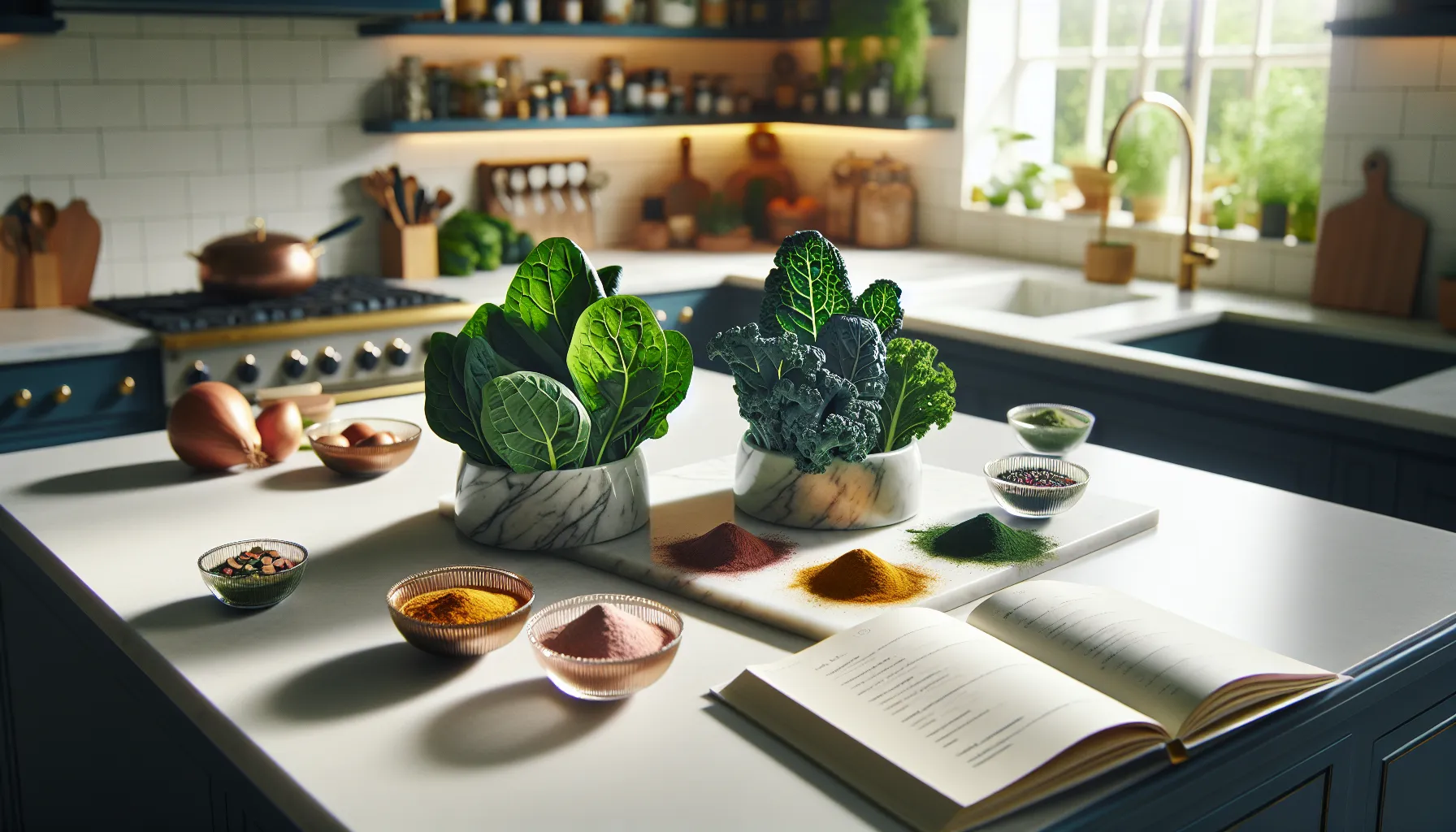 A comparison display of spinach and kale on a kitchen counter.