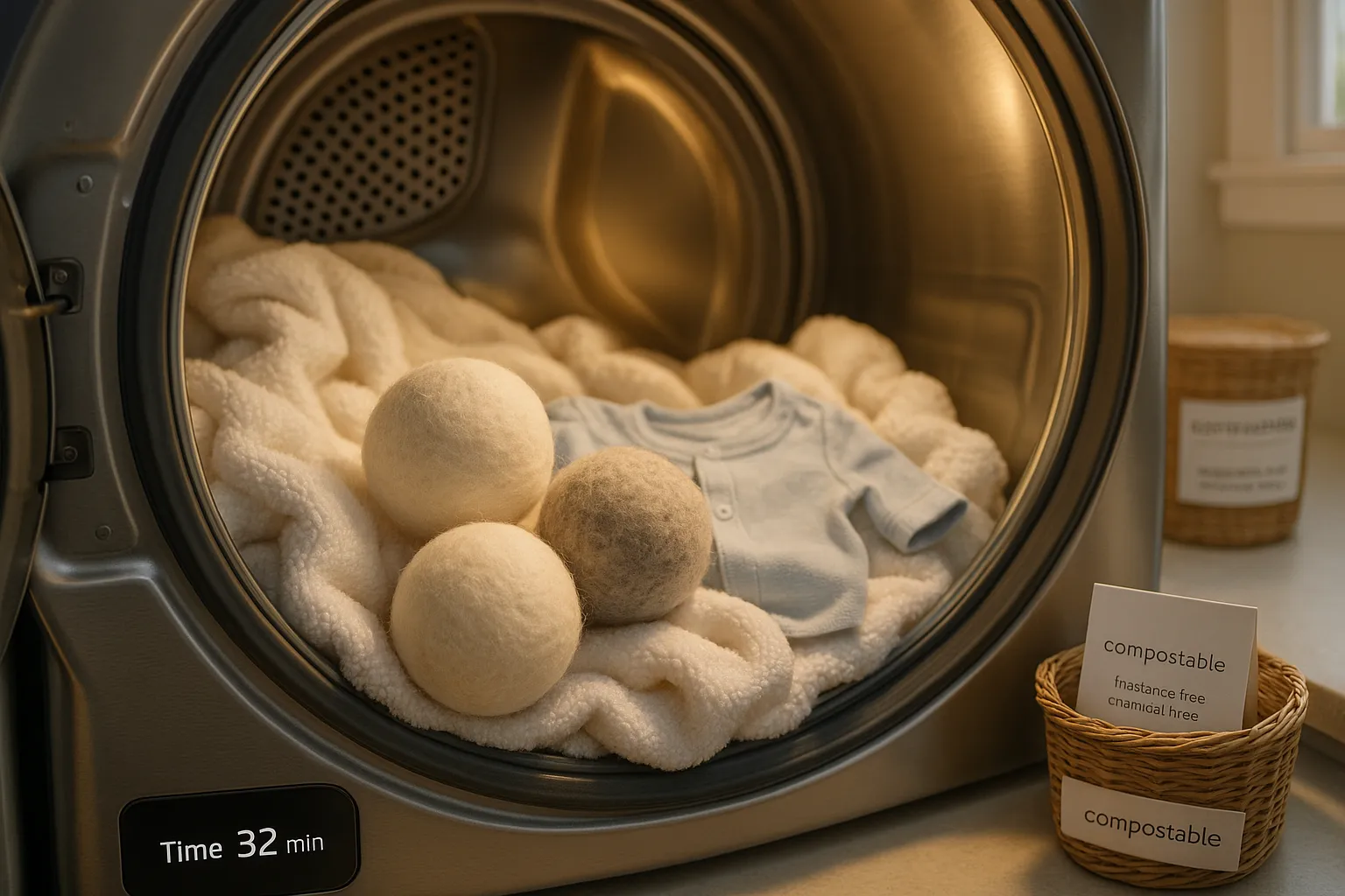 Wool dryer balls tumbling with towels and a baby onesie in a dryer.