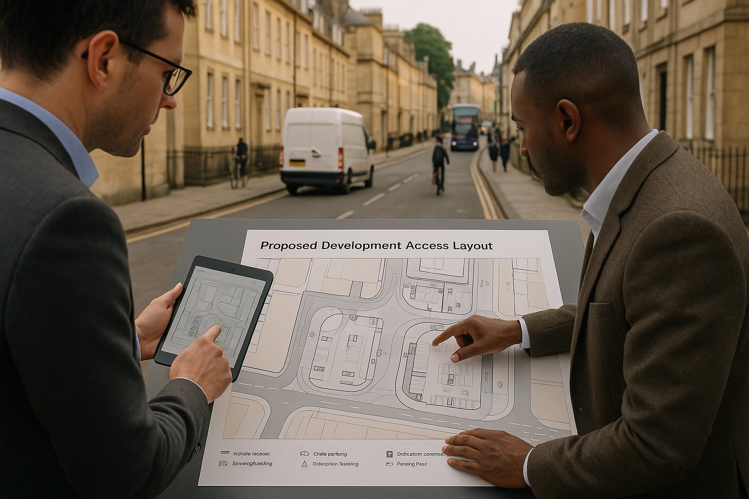 Professionals reviewing transport plans on a historic Bath street.