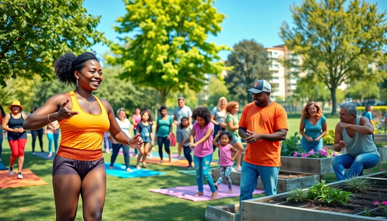 A diverse group participating in wellness activities in a sunny urban park.