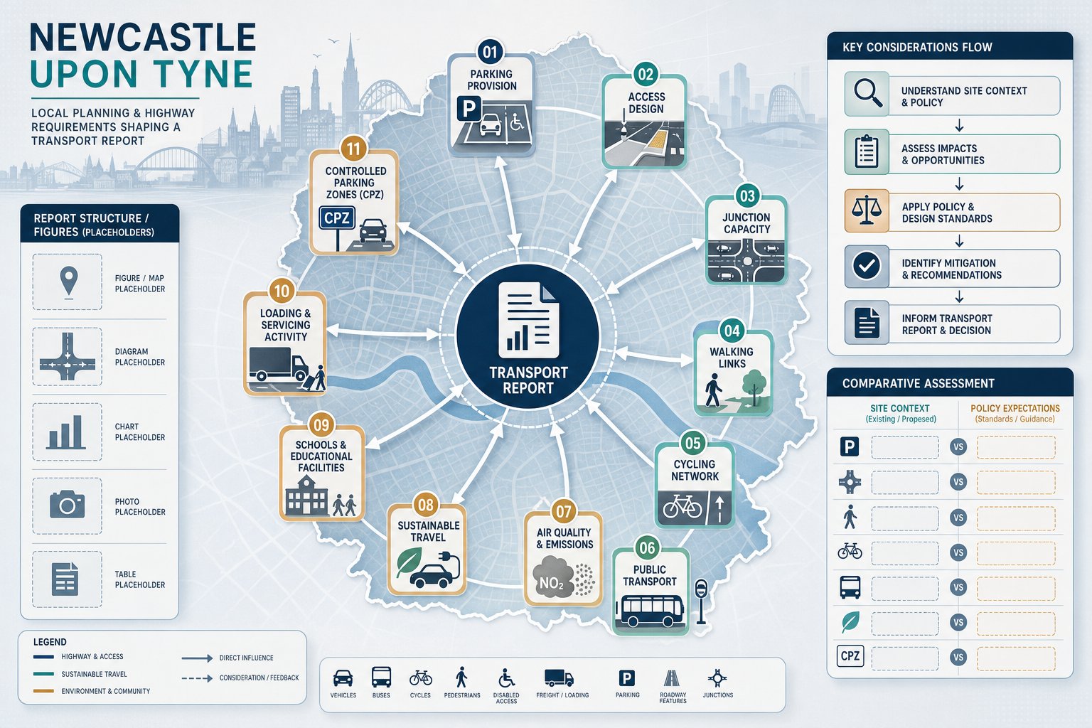 Infographic showing Newcastle transport report factors like parking, access, cycling, and junctions.
