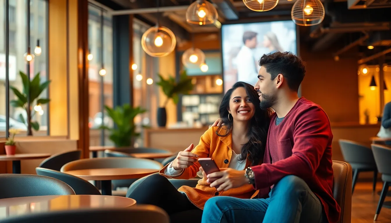 young couple enjoying a moment together in a modern café.