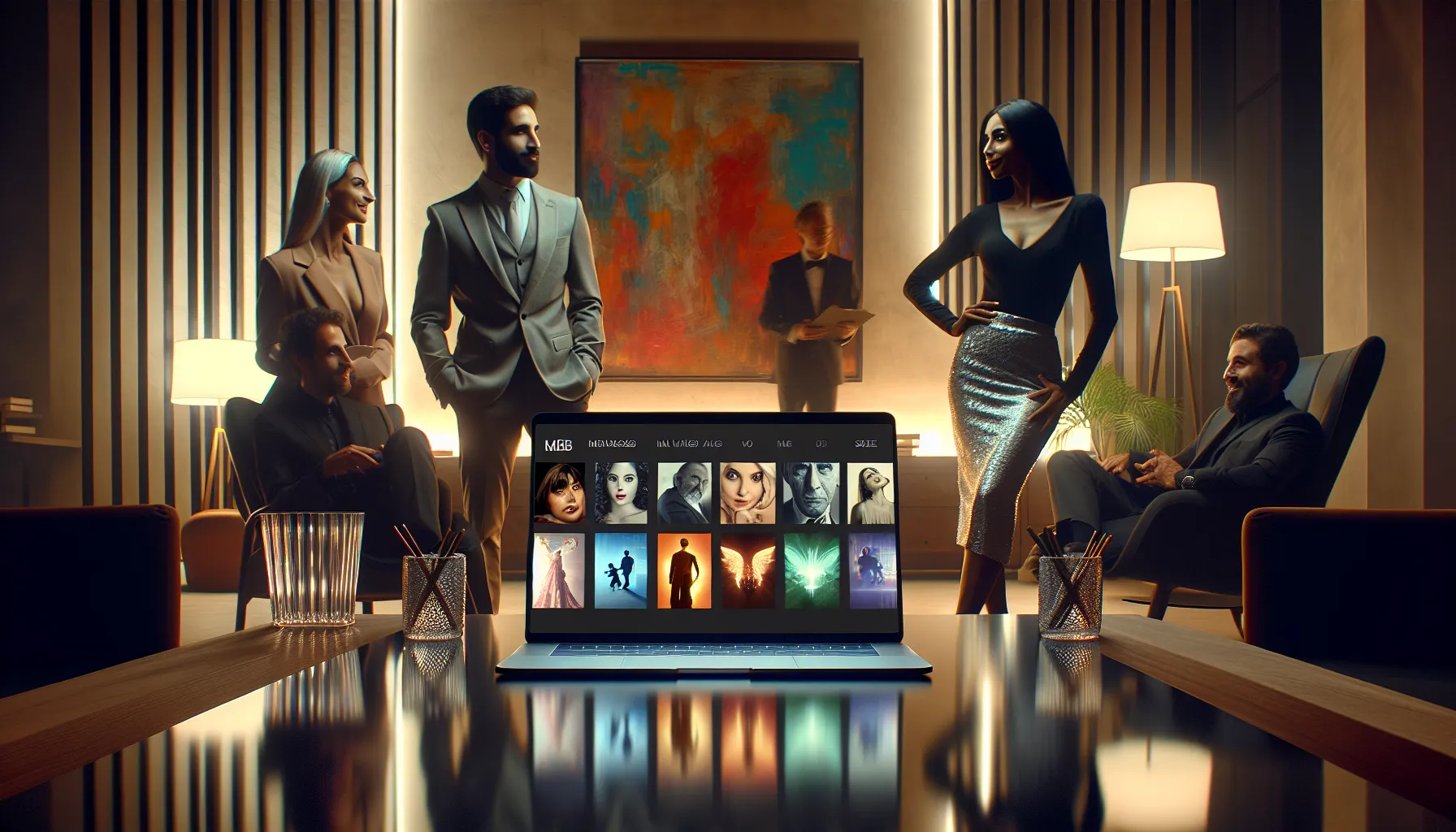 modern movie website interface with diverse film enthusiasts discussing films.