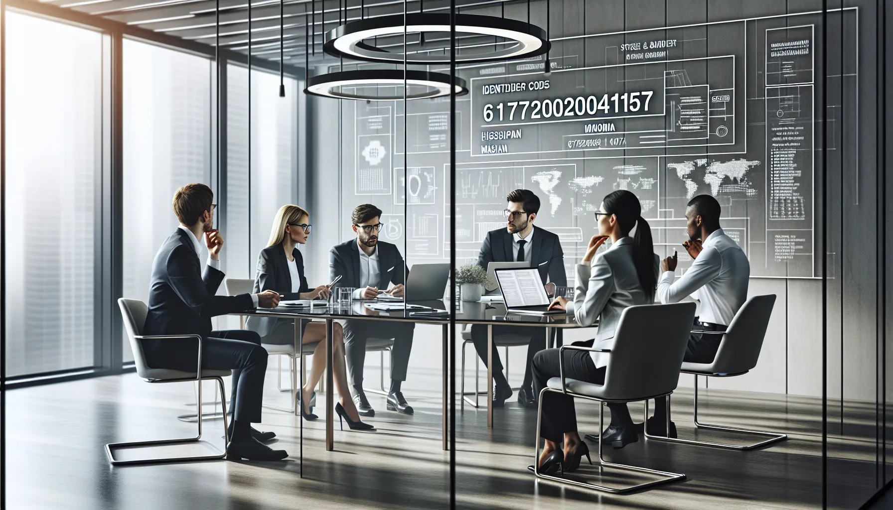 diverse professionals discussing identifier codes in a modern meeting room.
