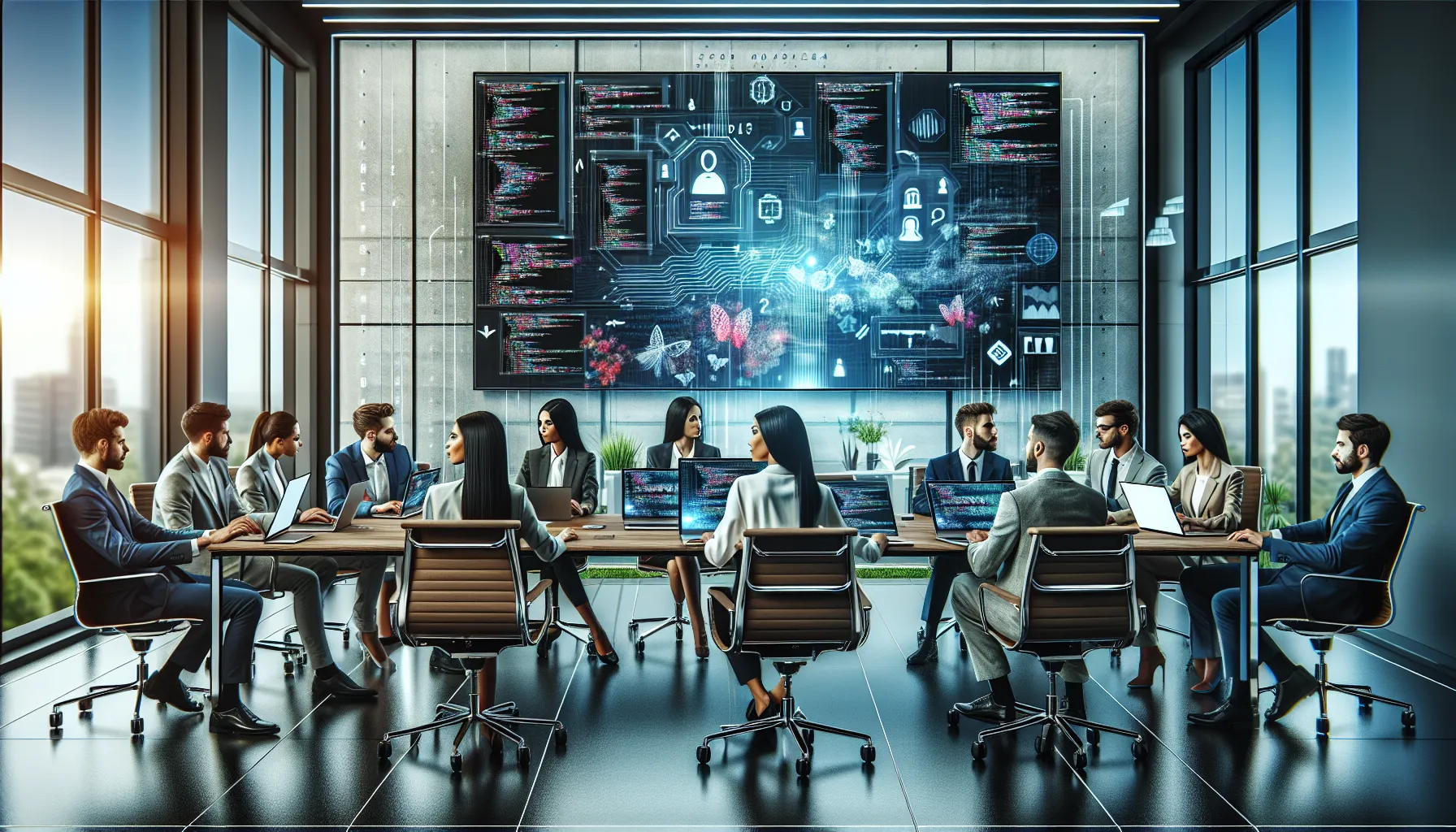 diverse professionals collaborating in a modern digital workspace.