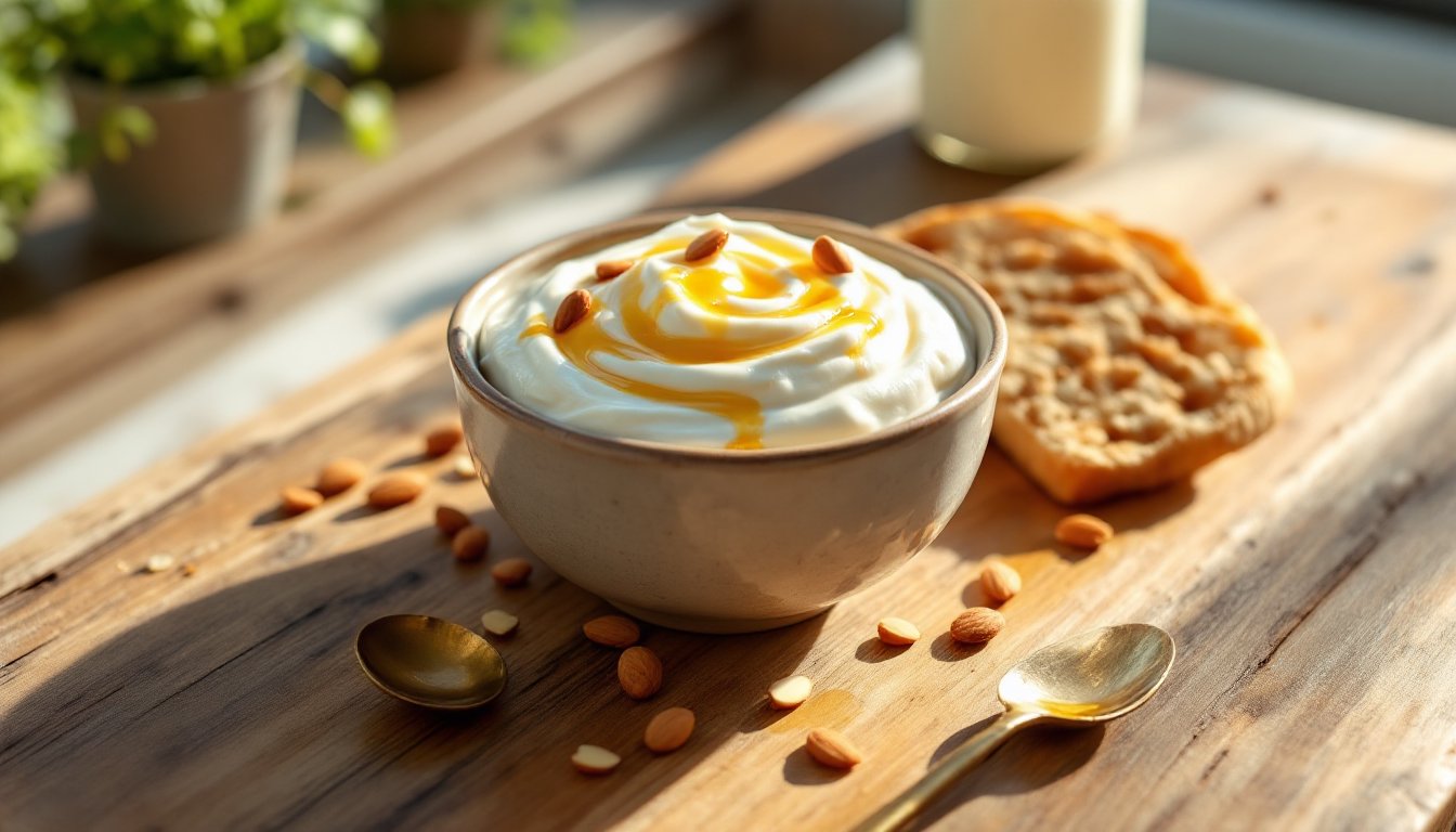 A bowl of fresh homemade yogurt with honey on a sunlit wooden table.