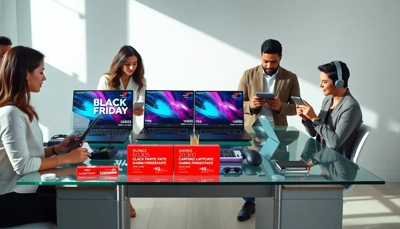 professionals reviewing gaming laptop deals during Black Friday sales.