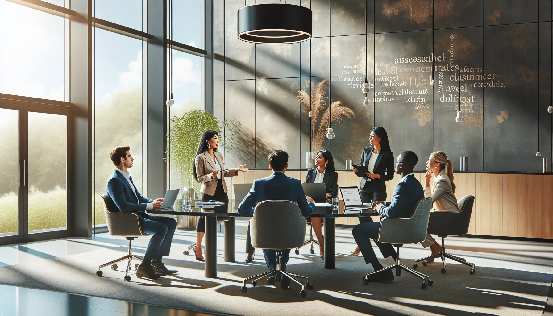 diverse professionals discussing a toll-free number in a modern office.