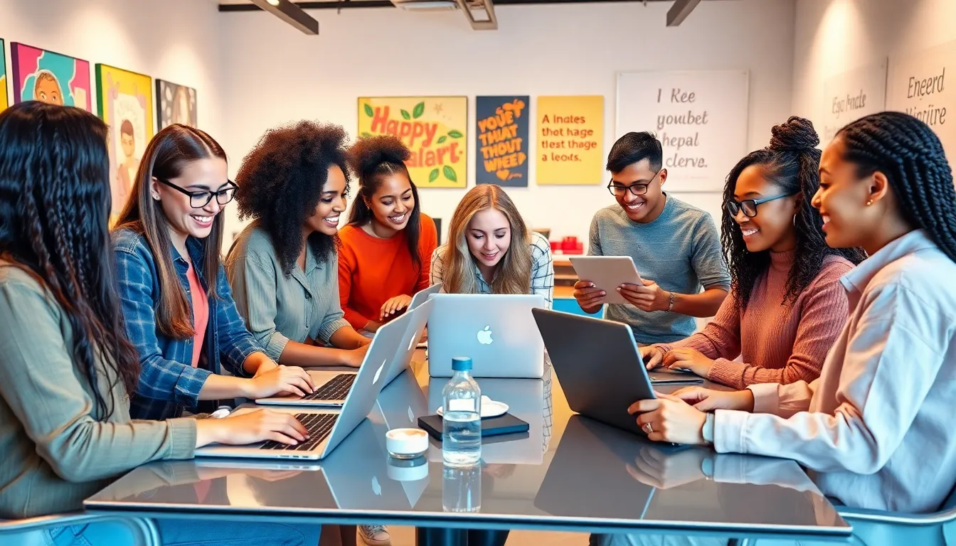 diverse group collaborating in a creative workspace.