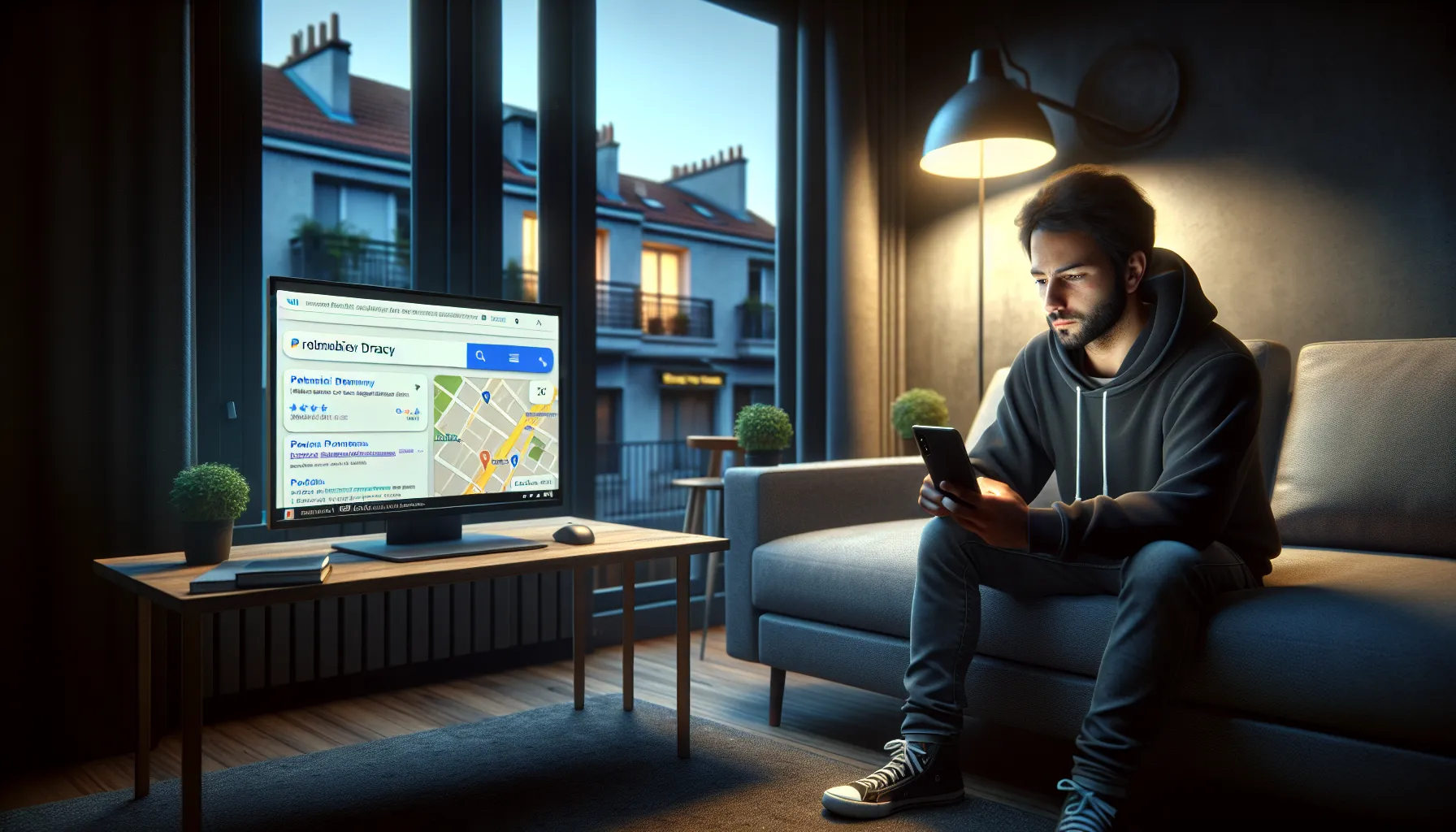 Man in Drancy searching Google on his phone for local services like a plumber.