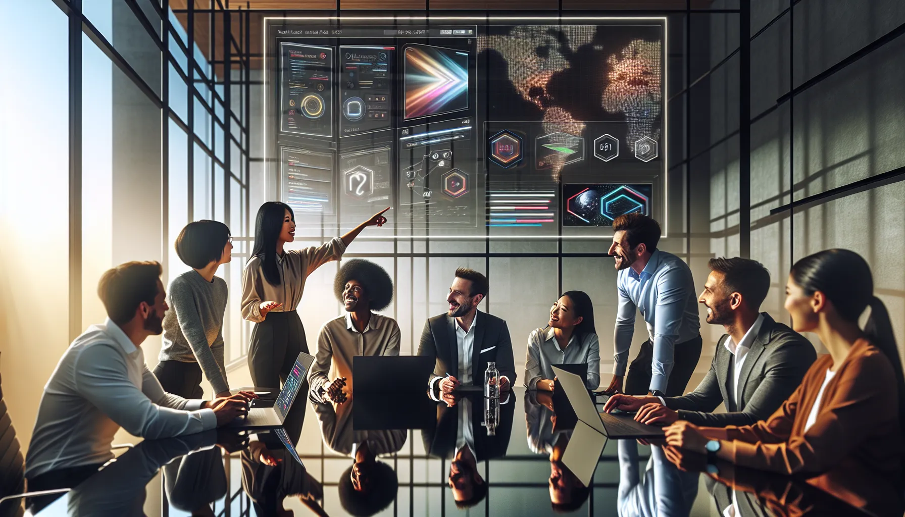 diverse team collaborating on new software versions in a modern office.