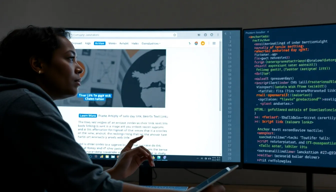 Web developer reviewing a screen showing highlighted link types and HTML attributes.