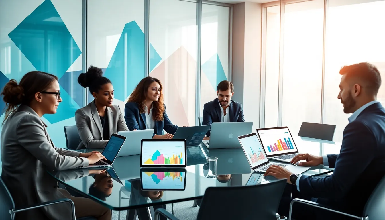 diverse professionals collaborating in a modern office setting.