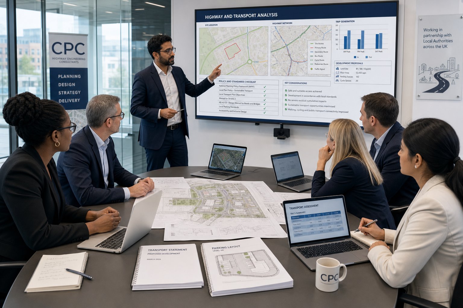 Highway consultants meeting planning officers over transport reports and road plans.