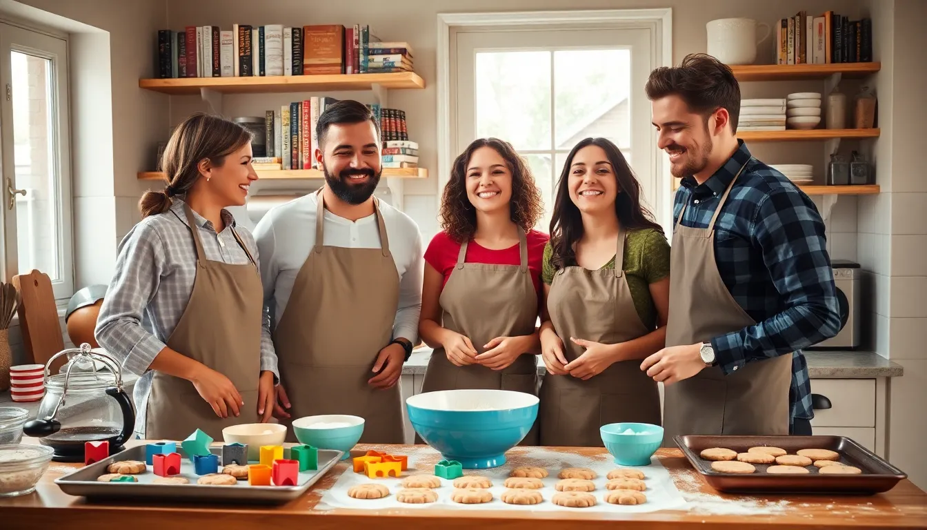 friends baking cookies together in a cozy kitchen.
