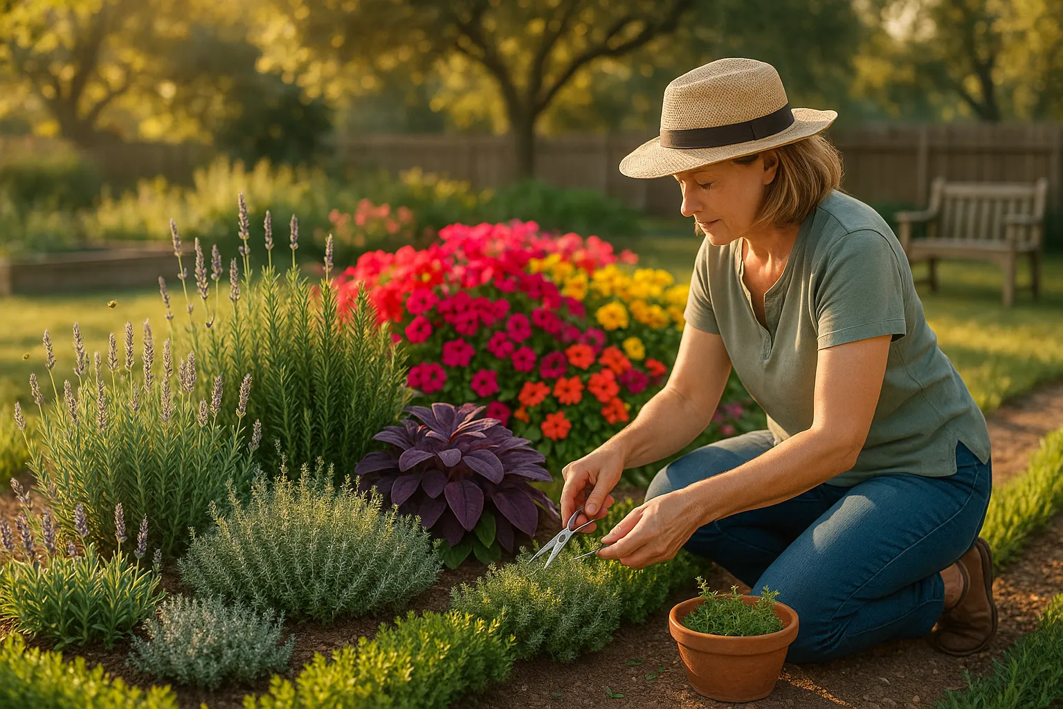Herb border with lavender and rosemary beside a bright petunia bedding display.