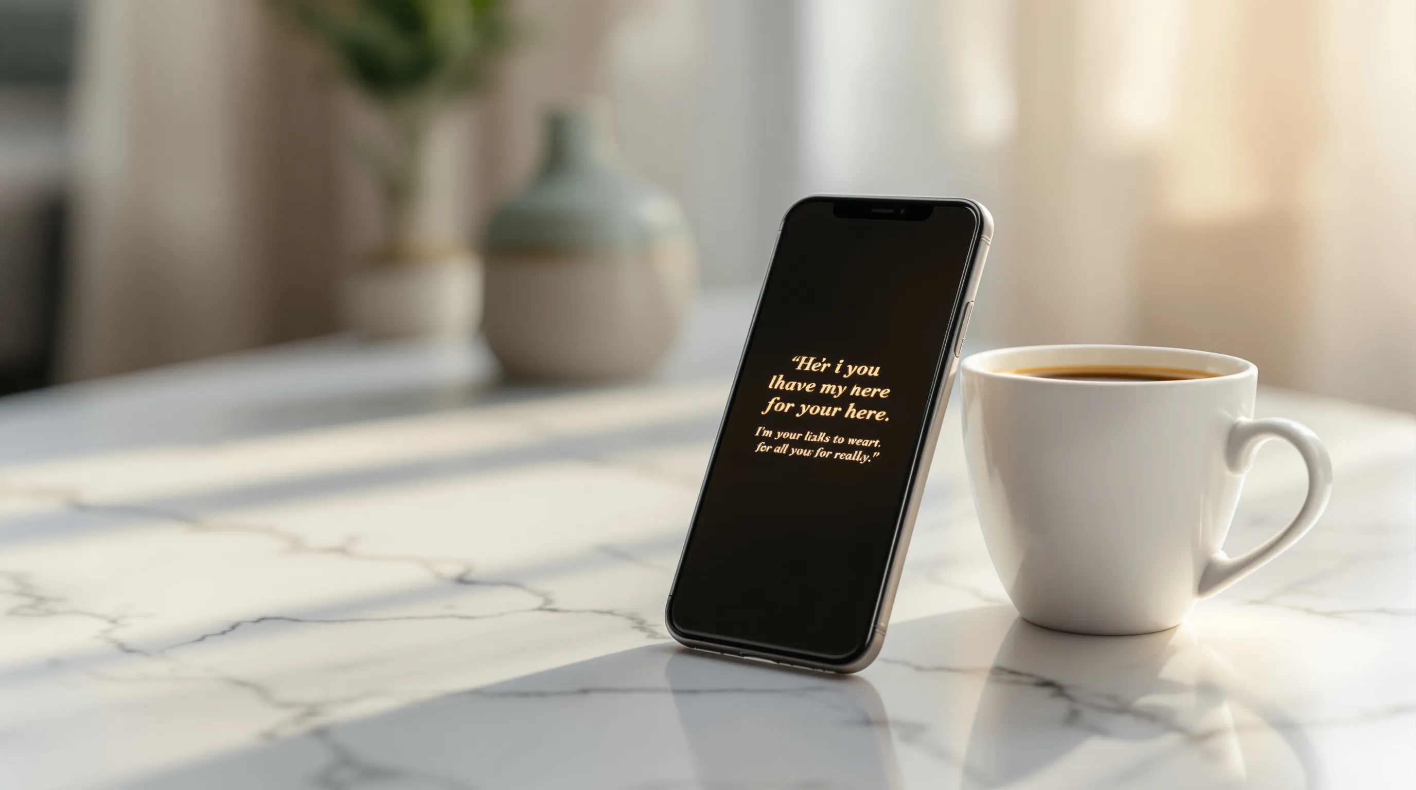Smartphone displaying a morning text message beside an espresso cup in soft daylight.