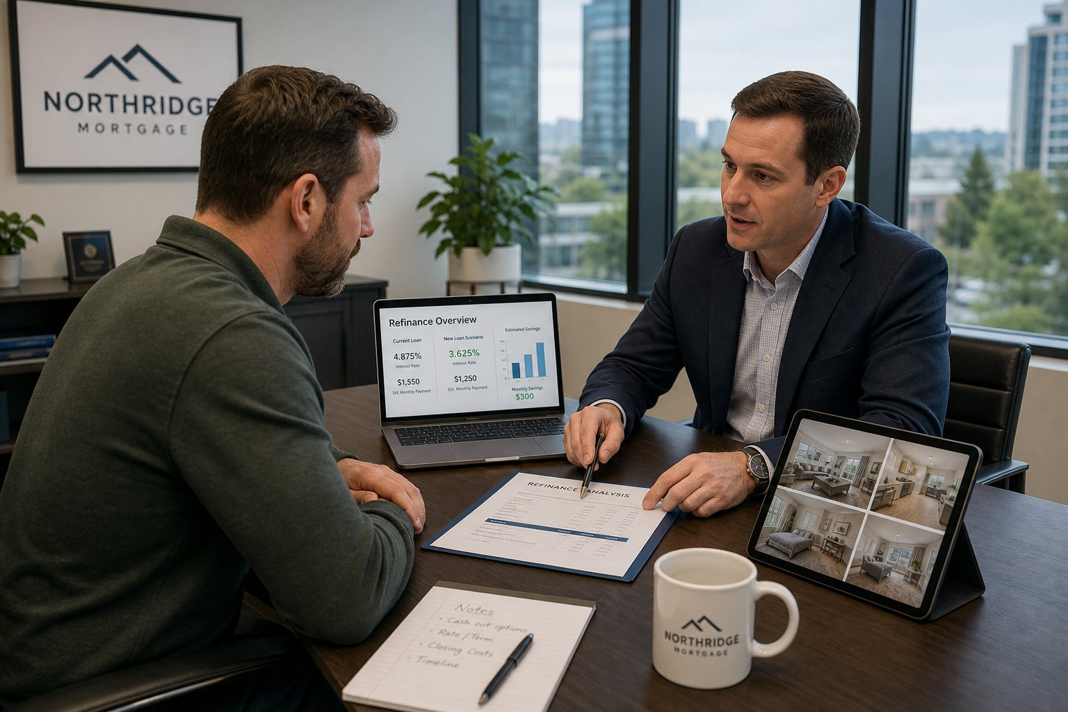 Commercial Mortgage Brokers Blackpool for Purchase and Refinance 10 Landlord and mortgage adviser discussing refinance options at a conference table.