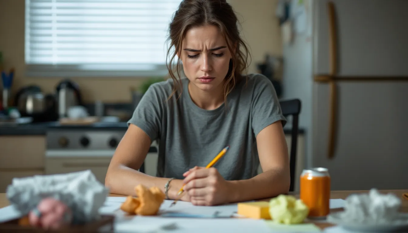 Woman sitting at a kitchen table surrounded by objects representing swapped habits.