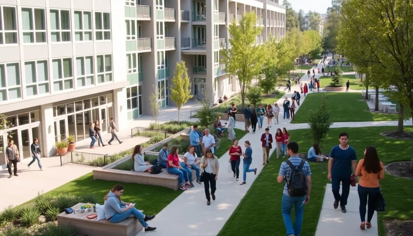 Cal State Fullerton housing complex with diverse students and green landscaping.