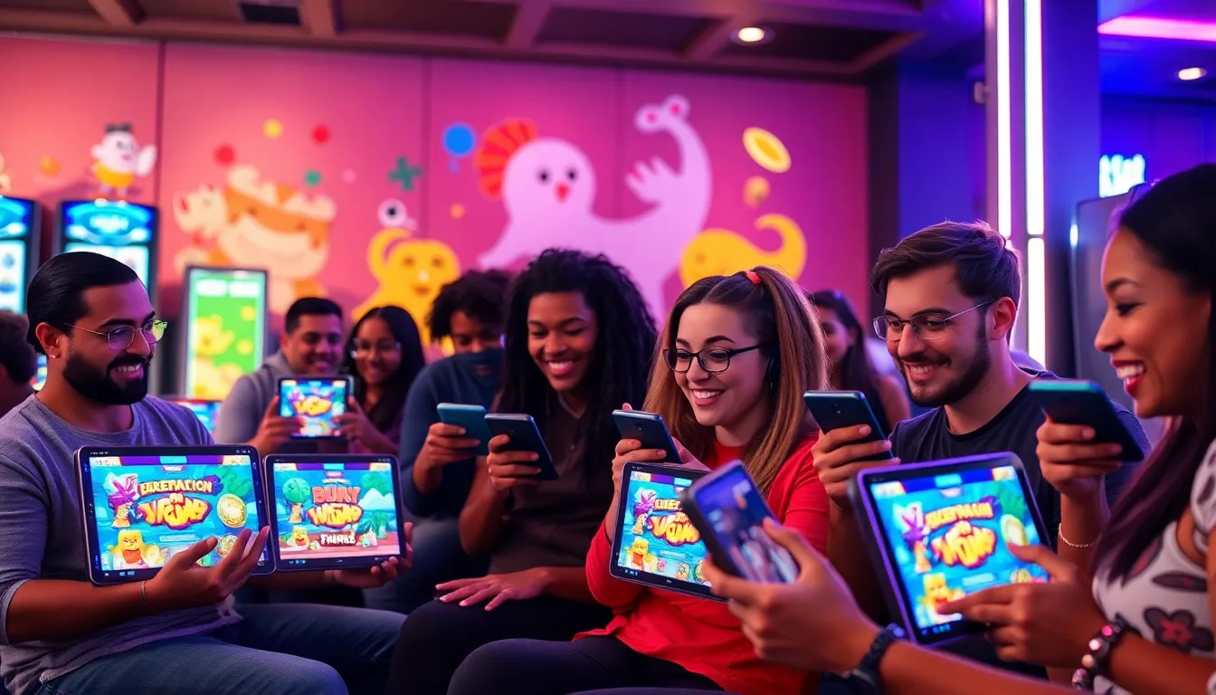 diverse group of players enjoying Dadunation Slot Games in a modern lounge.