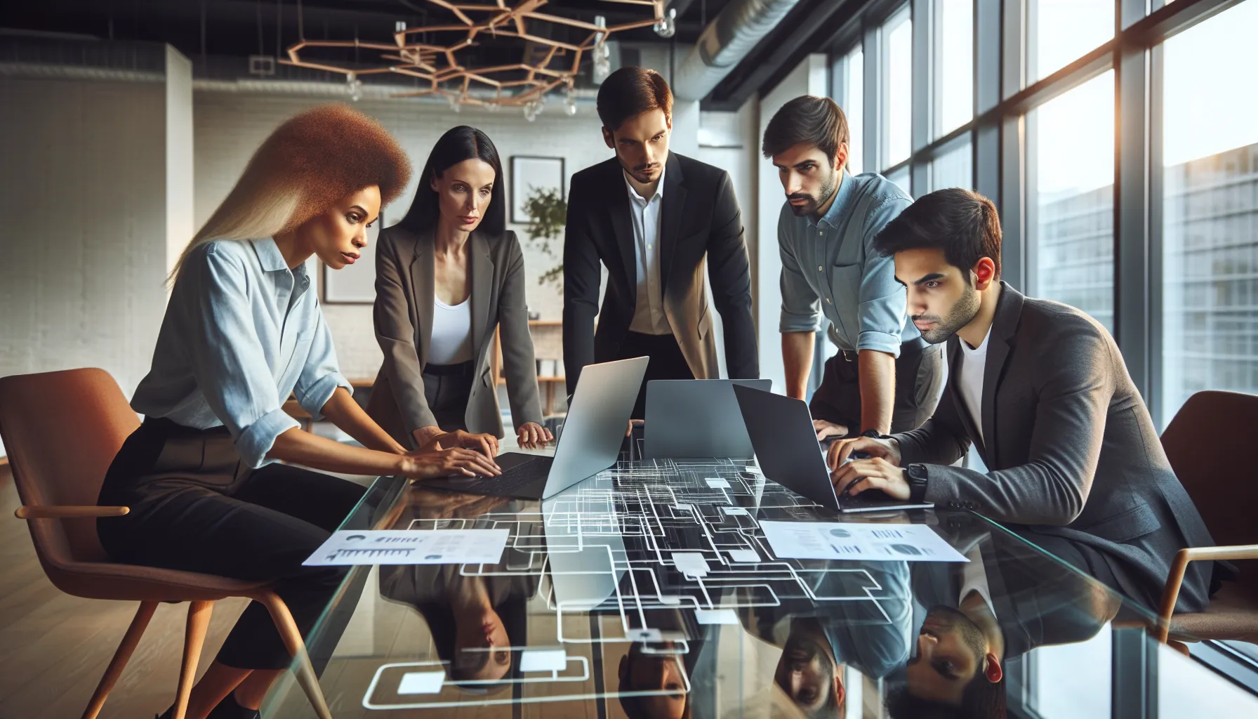 diverse IT professionals discussing network security in a modern office.