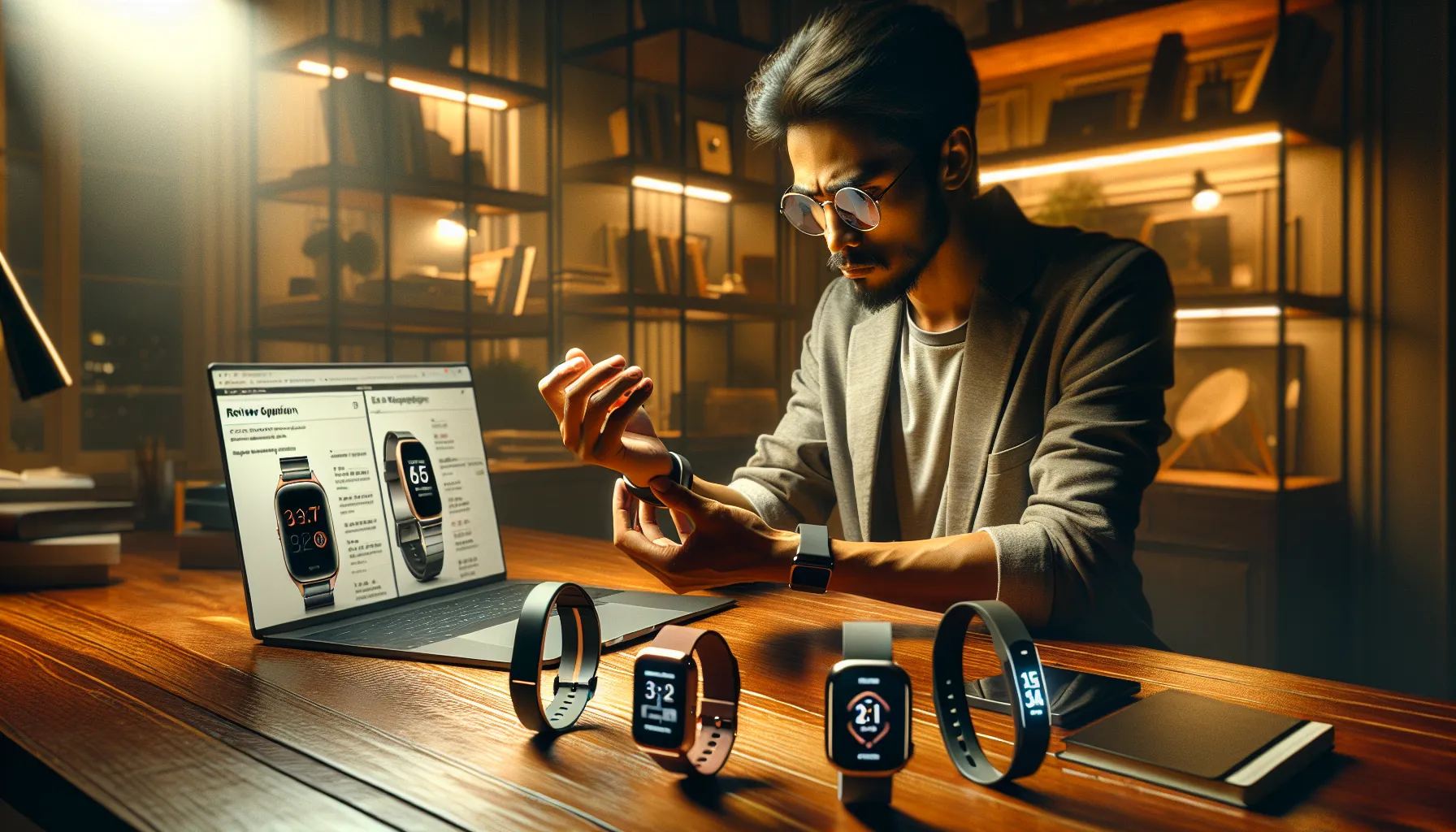 A person compares a smartwatch and a fitness tracker in a home office setting.