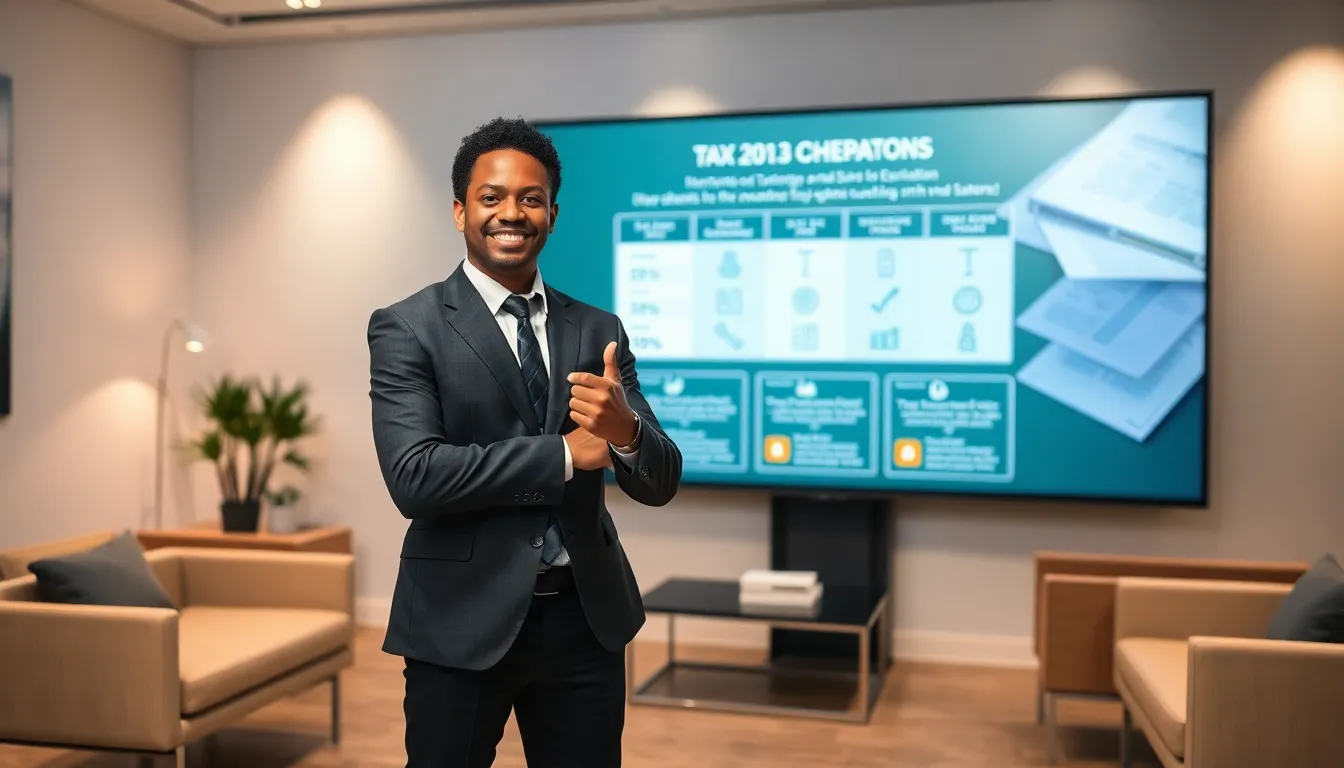 professional discussing tax obligations with a digital display.