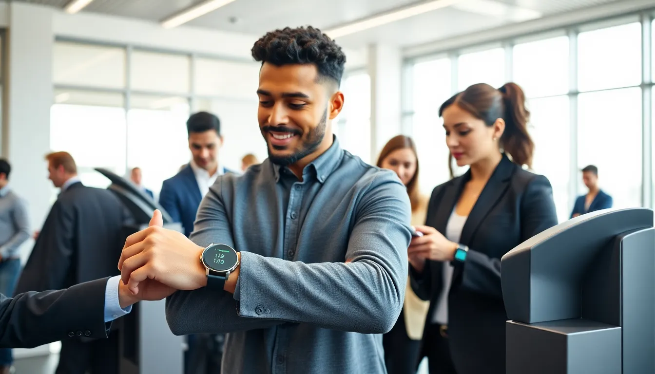 professionals using NFC wearables in a modern office setting.