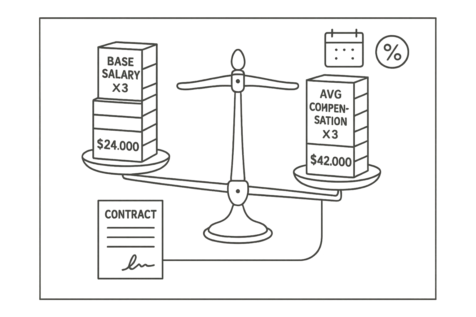 Balance scale comparing base-salary versus average-compensation severance amounts.