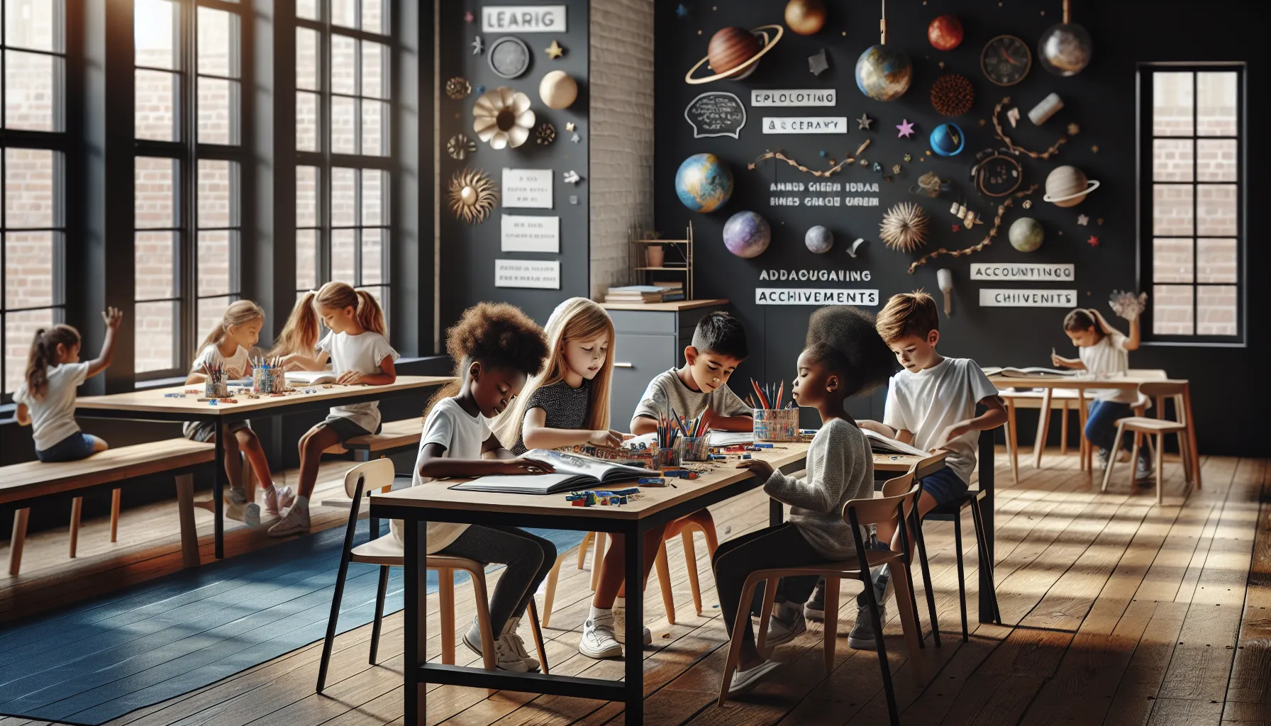 Children engaged in creative learning activities in a vibrant classroom.