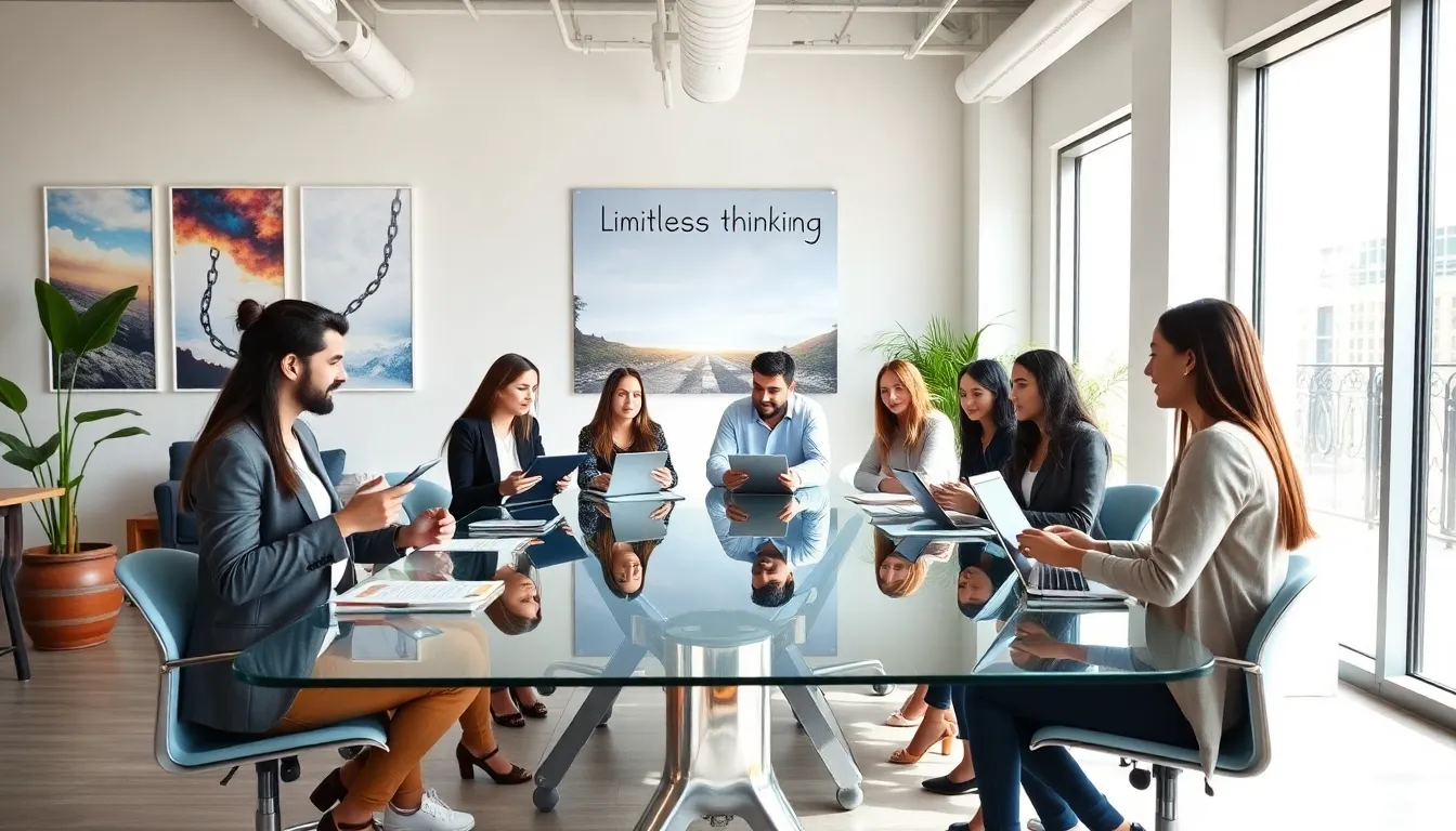 diverse professionals brainstorming in a modern office setting.